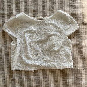 White sequin Jenny Yoo open back crop top, bow detail, medium